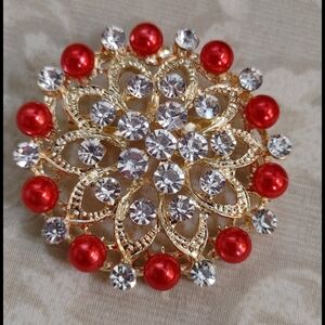 Gold Crystal & Red Bead Brooch Pin